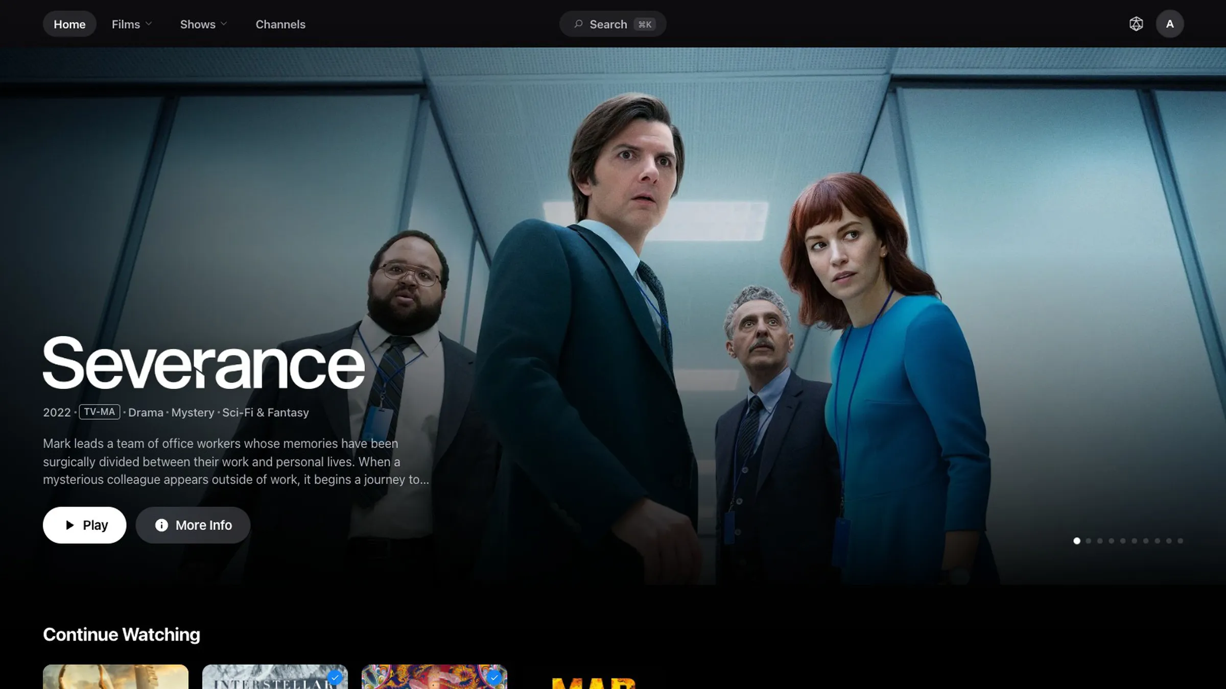 Azushi's home page: a featured series filling the top of the screen with its title, genres and Play and More Info buttons, and the Continue Watching row beneath.