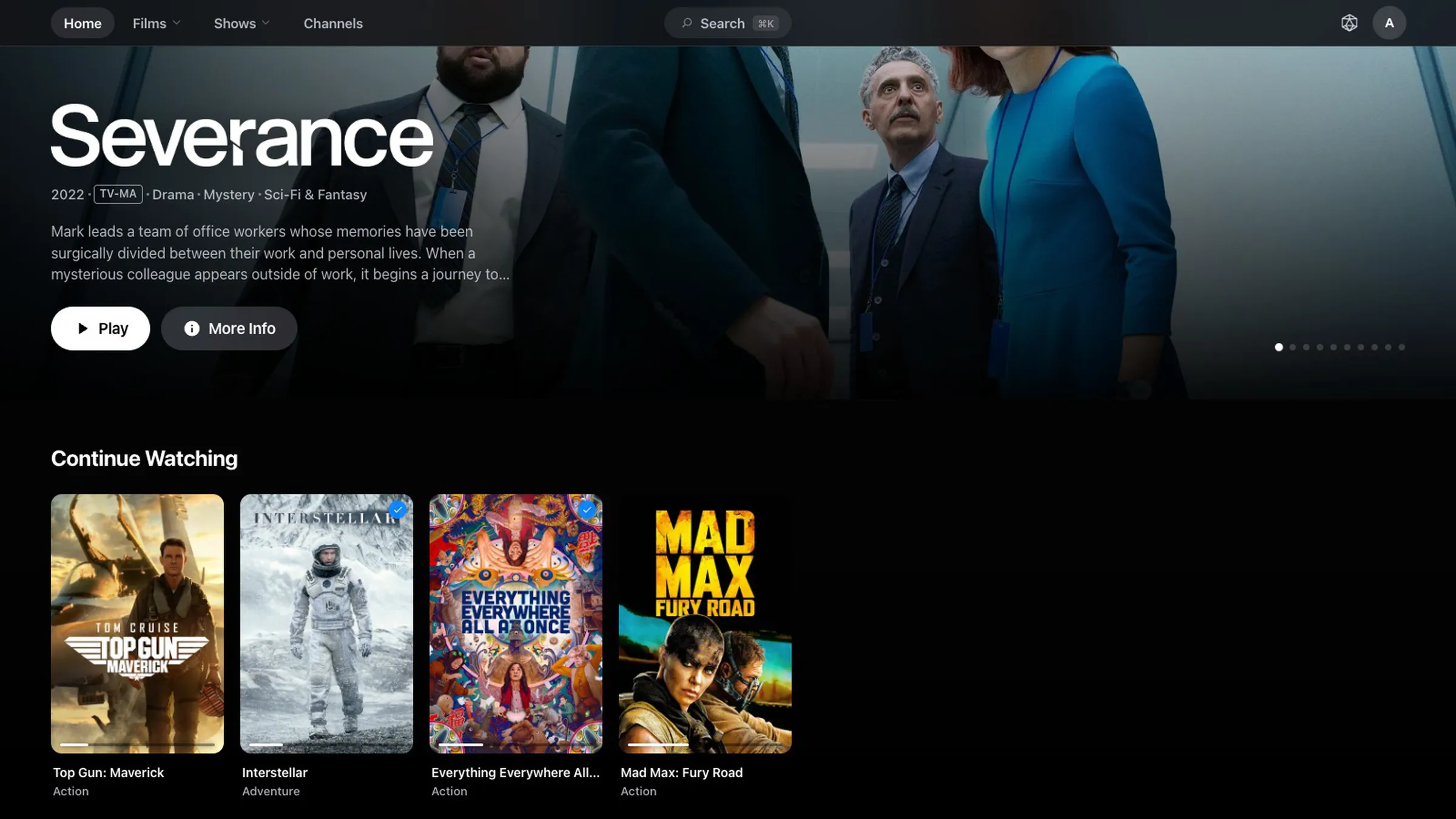 The Continue Watching row: four film posters with titles and genres beneath, under the featured series.